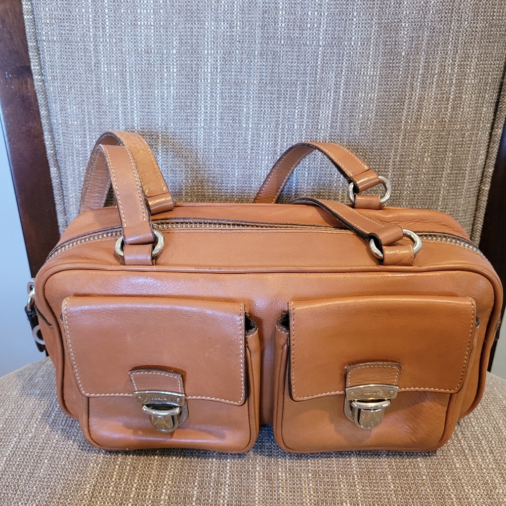 Prada Baguette Shoulder Bag in Dark Tan Leather with Exterior Pockets